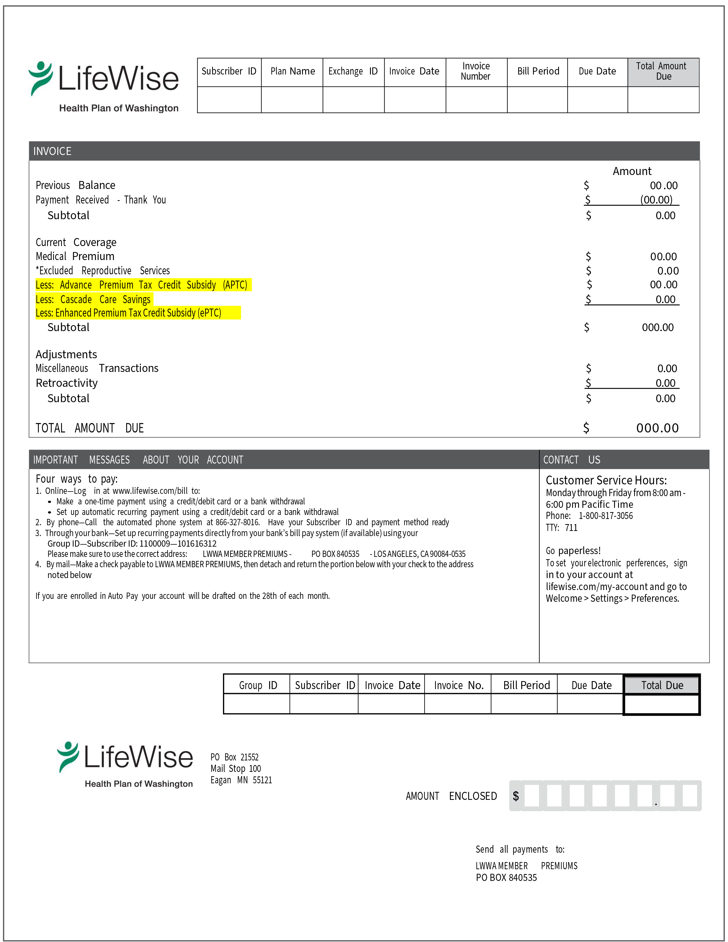 LifeWise Insurance Plan of Washington member invoice with ePTC
