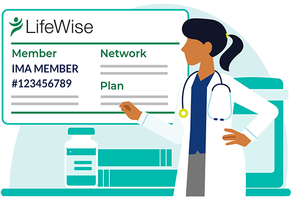 Illustration of a healthcare provider standing beside a LifeWise member ID card displaying sample member information, network, and plan details, with prescription medication in the foreground